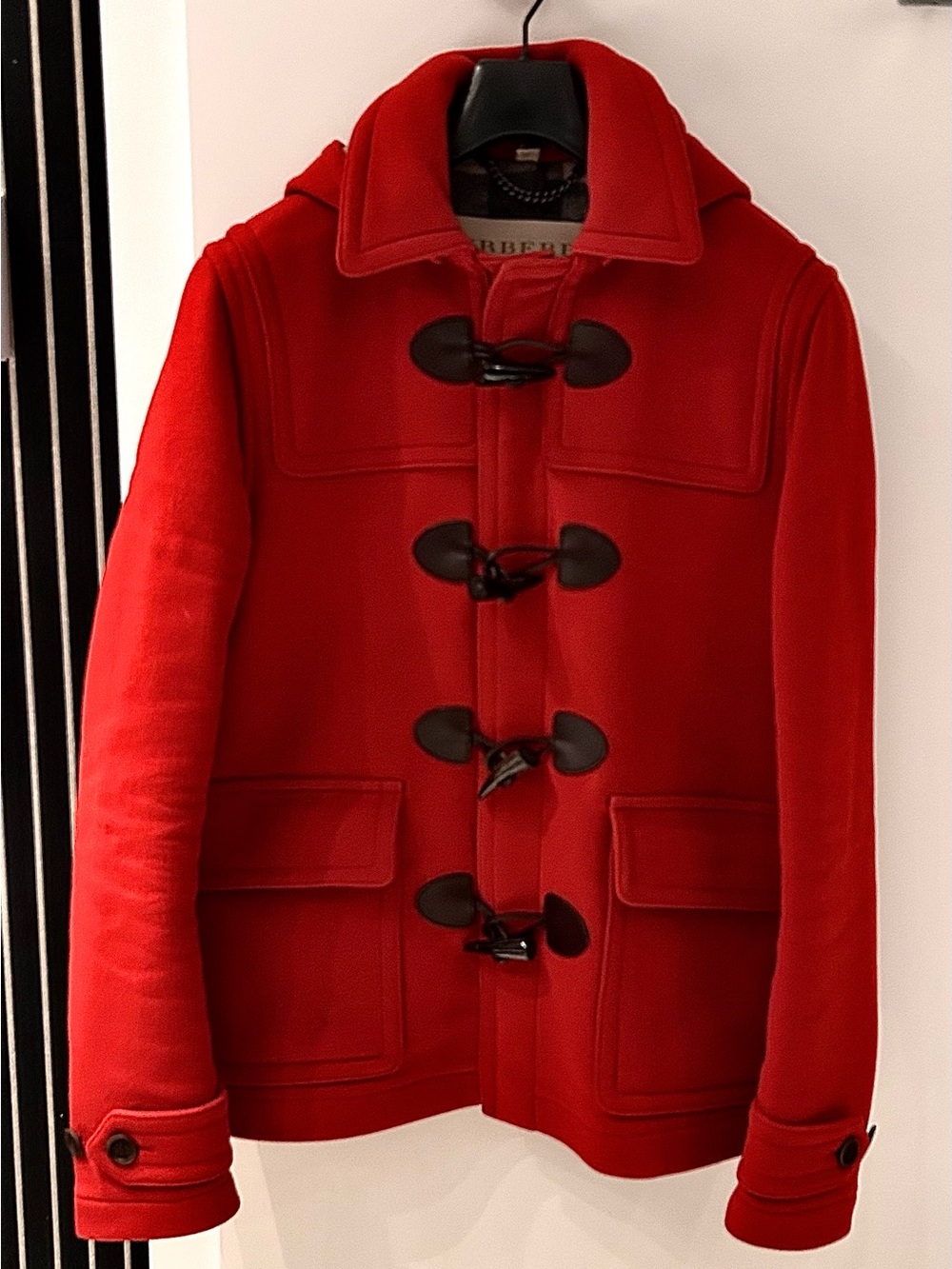 Burberry Red Wool Toggle Pea Coat with Leather Accents